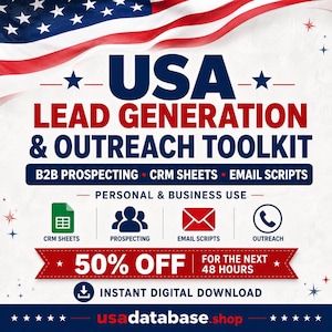 Könnte beinhalten: Werbegrafik mit wehender amerikanischer Flagge. Der Text wirbt für ein "USA Lead Generation & Outreach Toolkit" mit Symbolen für CRM-Sheets, Prospecting, E-Mail-Skripte und Outreach. Ein Banner kündigt 50 % Rabatt für 48 Stunden an.