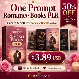 May include: An advertisement for romance eBooks. The image features a stack of books with titles like "Unexpected Love" and "Forever Yours." The text reads "One Prompt Romance Books PLR" and "Create & Sell Romance eBooks with AI." A banner offers a 50% discount.