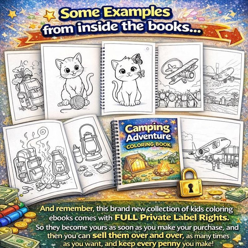 May include: A collection of children's coloring book pages, featuring illustrations of a kitten, a backpack, a lantern, and airplanes. The cover of the "Camping Adventure Coloring Book" is also visible, along with text that reads "Some Examples from inside the books..."