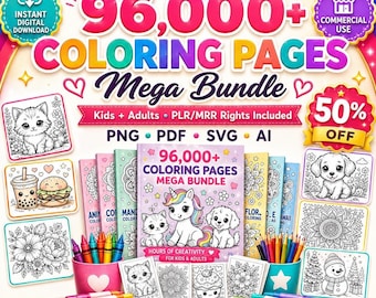 96,000+ Coloring Pages Mega Bundle, Kids Adults PLR MRR (Digital Download)