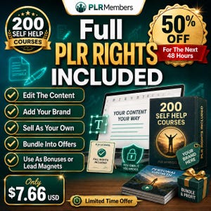 May include: An advertisement for PLR (Private Label Rights) content, featuring a laptop, books, and a gift box. The image highlights the benefits of PLR content, including editing, branding, and selling. The text includes "200 Self Help Courses" and "50% Off".