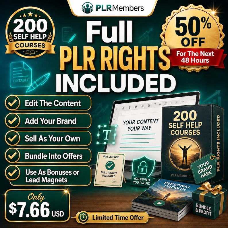 May include: An advertisement for PLR (Private Label Rights) content, featuring a laptop, books, and a gift box. The image highlights the benefits of PLR content, including editing, branding, and selling. The text includes "200 Self Help Courses" and "50% Off".