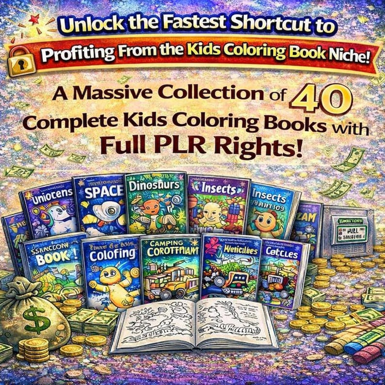 May include: An advertisement for a collection of 40 kids coloring books with full PLR rights. The image features various book covers with titles like "Dinosaurs" and "Insects", along with money and the text "Unlock the Fastest Shortcut to Profiting From the Kids Coloring Book Niche!"
