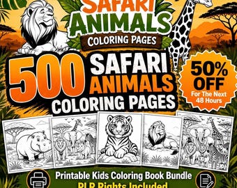 500 Safari Animals Coloring Pages, Kids Printable Bundle (JPG Files, PLR Rights)