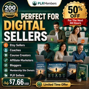 May include: Promotional image for digital sellers, featuring a laptop, tablet, and books with motivational titles. The image highlights a 50% off sale for the next 48 hours, with the text "Perfect for Digital Sellers" and a list of related professions.
