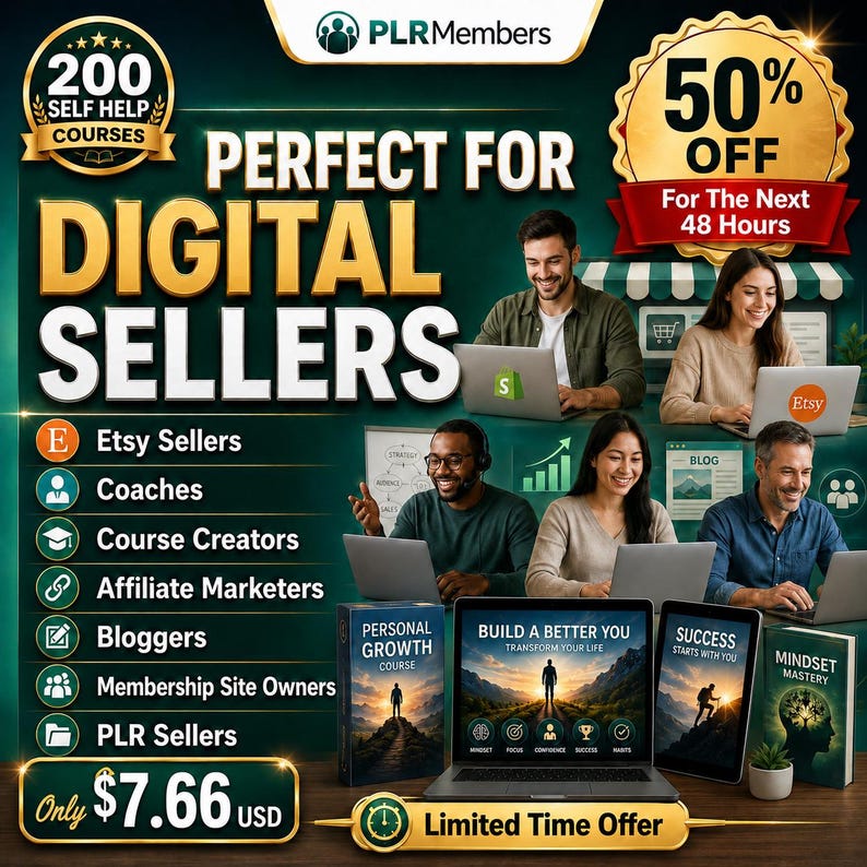 May include: Promotional image for digital sellers, featuring a laptop, tablet, and books with motivational titles. The image highlights a 50% off sale for the next 48 hours, with the text "Perfect for Digital Sellers" and a list of related professions.
