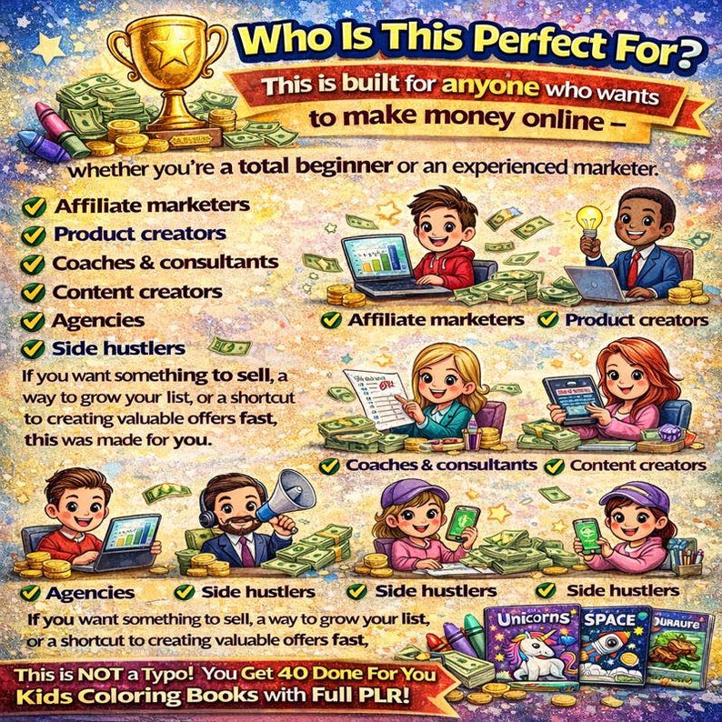 May include: Colorful digital illustration with text: "Who Is This Perfect For?" and "This is built for anyone who wants to make money online." Depicts various professionals, money, and coloring books. Includes the text: "You Get 40 Done For You Kids Coloring Books with Full PLR!"