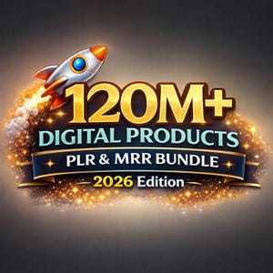 May include: A digital graphic with a rocket ship launching into space above text that reads "120M+ DIGITAL PRODUCTS PLR & MRR BUNDLE 2026 Edition". The text is in gold and white with a dark blue banner.