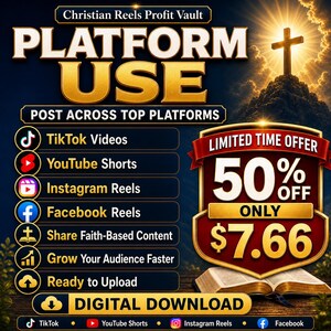 May include: A digital download advertisement with the text "PLATFORM USE" in gold lettering. It promotes posting content on TikTok, YouTube, Instagram, and Facebook. A "LIMITED TIME OFFER" of 50% off is displayed, along with a price of $7.66.