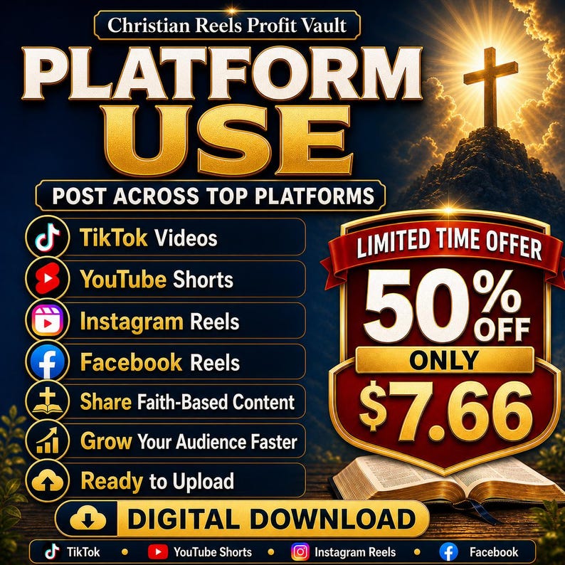May include: A digital download advertisement with the text "PLATFORM USE" in gold lettering. It promotes posting content on TikTok, YouTube, Instagram, and Facebook. A "LIMITED TIME OFFER" of 50% off is displayed, along with a price of $7.66.