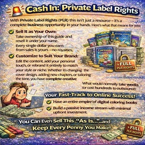 May include: An advertisement promoting private label rights. The image features text, illustrations of books, money, and a cartoon character. The text highlights the benefits of PLR, including selling as your own, customizing, and fast-tracking online success.