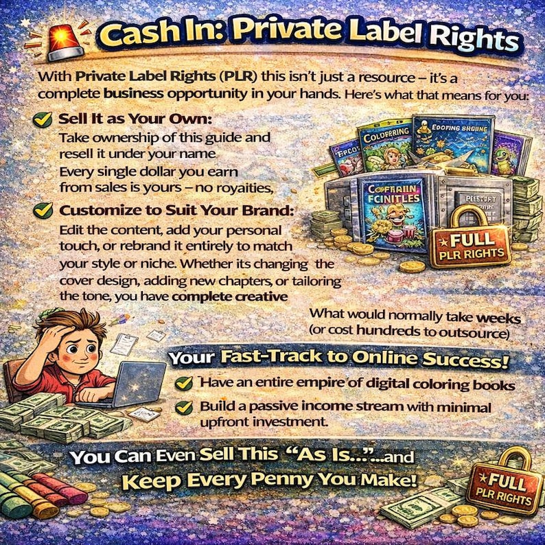 May include: An advertisement promoting private label rights. The image features text, illustrations of books, money, and a cartoon character. The text highlights the benefits of PLR, including selling as your own, customizing, and fast-tracking online success.