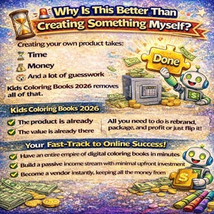 May include: A colorful graphic promoting "Kids Coloring Books 2026" with text and illustrations. The image includes a timer, money, a safe, a robot, and the words "Done" and "Online Success". The text highlights the benefits of the product.