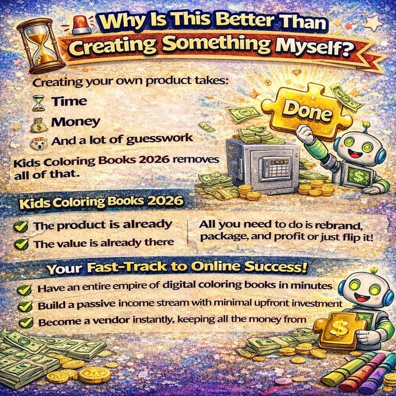 May include: A colorful graphic promoting "Kids Coloring Books 2026" with text and illustrations. The image includes a timer, money, a safe, a robot, and the words "Done" and "Online Success". The text highlights the benefits of the product.