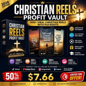 May include: A promotional graphic for "Christian Reels Profit Vault" with the text "1400+ Viral Christian Reels with PLR Rights." The image includes a box, smartphones displaying inspirational quotes, and social media platform logos.