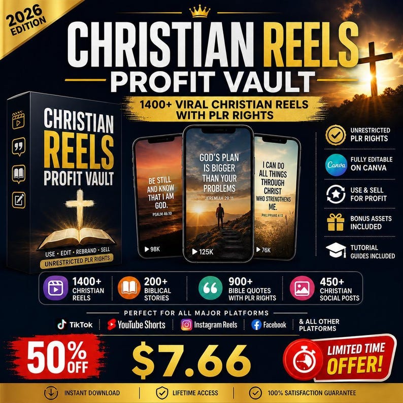 May include: A promotional graphic for "Christian Reels Profit Vault" with the text "1400+ Viral Christian Reels with PLR Rights." The image includes a box, smartphones displaying inspirational quotes, and social media platform logos.