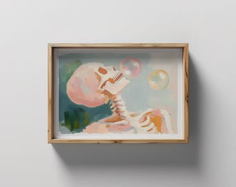 Pastel Skeleton Bubblegum Print | Macabre Pop Art (Digital Download)