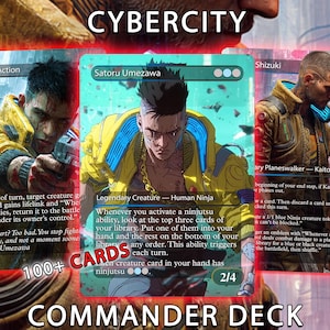 Könnte beinhalten: Cybercity Commander Deck mit drei Magic: The Gathering Karten mit futuristischen Illustrationen. Die Karten umfassen "Return to Action", "Satoru Umezawa" und "Shizuki". Das Deck enthält über 100 Karten und hat ein Cyberpunk-Thema.