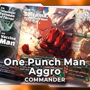Op de afbeelding: Een verzameling One Punch Man Aggro Commander kaarten. De kaarten tonen illustraties van personages zoals Saitama, Tatsumaki en Vaccine Man. De tekst "One Punch Man Aggro Commander" is prominent aanwezig.