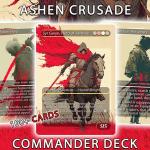 Pode incluir: Imagem de um produto Commander Deck intitulado "Ashen Crusade". A imagem apresenta três ilustrações de cartas de fantasia, incluindo um cavaleiro a cavalo e um samurai. Os textos "100+ CARTAS" e "COMMANDER DECK" também são visíveis.