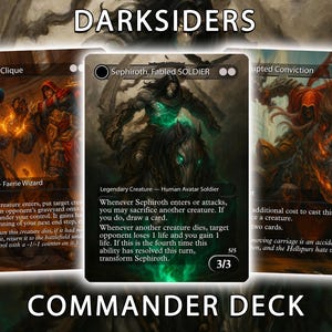 May include: Three fantasy-themed trading card game cards from the "Darksiders" Commander Deck. The cards feature illustrations of creatures and characters with text descriptions. The cards are titled "Puppeteer Clique", "Sephiroth, Fabled Soldier", and "Corrupted Conviction".