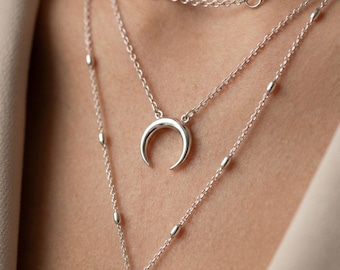 Crescent Moon Layered Necklace, Dainty Silver Celestial Jewelry