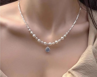 Aquamarine Pearl Necklace for Women, Unique Design Jewelry, Dainty Elegant Gift