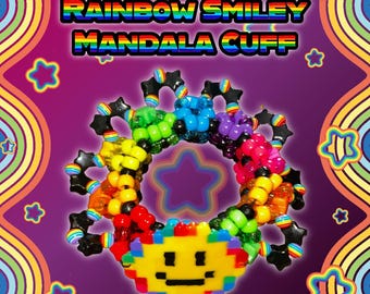 Rainbow Smiley Mandala Kandi Cuff, Stars and Rainbows Colored Kandi Cuff, Perler Kandi Cuff