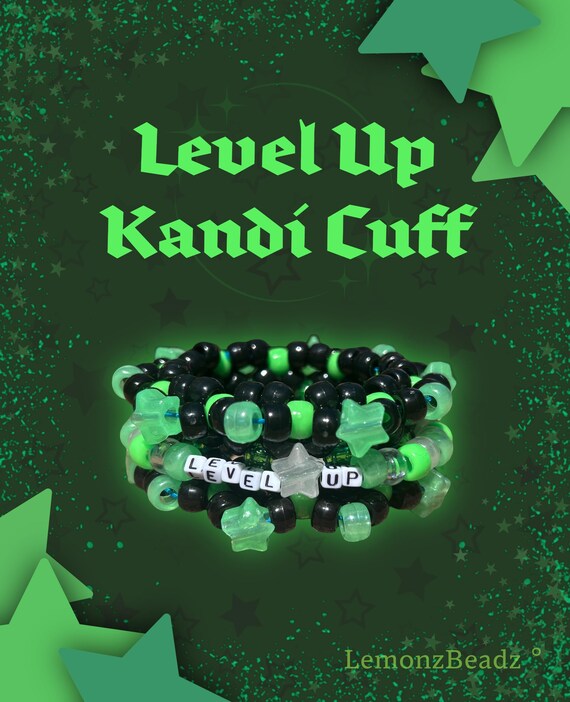Level Up Rotating Kandi Cuff Bracelet, EDM Rave Glow In The Dark Kandi