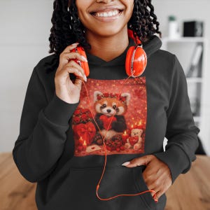 Può includere: Felpa con cappuccio nera con un design di San Valentino. Il design presenta un panda rosso che tiene un cuore, circondato da rose, candele e un orsacchiotto. La felpa ha un cappuccio con coulisse e una tasca frontale.