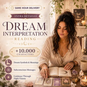 May include: An image promoting dream interpretation services. Text includes "Dream Interpretation Reading" and "+10,000 Characters." Additional text highlights "Dream Symbols & Meanings," "Subconscious Messages," and "Guidance Through Night Visions."
