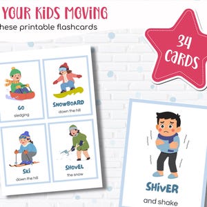Puede incluir: Tarjetas did&aacute;cticas imprimibles para ni&ntilde;os con actividades de invierno como trineo, snowboard y esqu&iacute;. Las tarjetas tambi&eacute;n muestran la palabra "temblar" con un ni&ntilde;o temblando. La imagen incluye el texto "Get YOUR KIDS MOVING" y "34 CARDS".
