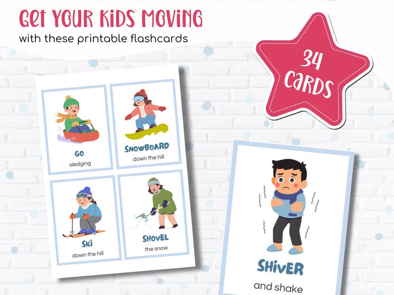 Puede incluir: Tarjetas did&aacute;cticas imprimibles para ni&ntilde;os con actividades de invierno como trineo, snowboard y esqu&iacute;. Las tarjetas tambi&eacute;n muestran la palabra "temblar" con un ni&ntilde;o temblando. La imagen incluye el texto "Get YOUR KIDS MOVING" y "34 CARDS".