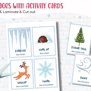 Puede incluir: Tarjetas de actividades educativas con ilustraciones de invierno. Las tarjetas muestran im&aacute;genes de car&aacute;mbanos, un oso, un pino, un reno, un copo de nieve y viento, con instrucciones. El texto "8 Pages With Activity Cards" est&aacute; en la parte superior.