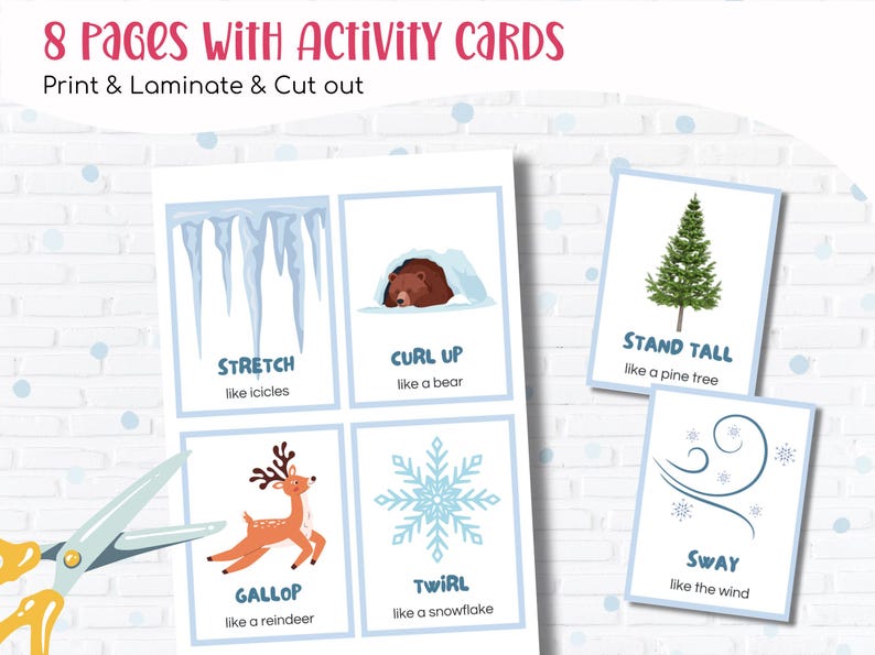 Puede incluir: Tarjetas de actividades educativas con ilustraciones de invierno. Las tarjetas muestran im&aacute;genes de car&aacute;mbanos, un oso, un pino, un reno, un copo de nieve y viento, con instrucciones. El texto "8 Pages With Activity Cards" est&aacute; en la parte superior.