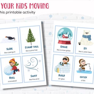 Puede incluir: Tarjetas de actividades imprimibles con ilustraciones de tem&aacute;tica invernal. Las tarjetas incluyen im&aacute;genes de un ping&uuml;ino desliz&aacute;ndose, un pino de pie, un globo de nieve agitado y un oso polar sentado. Otras tarjetas muestran a un ni&ntilde;o rodando una bola de nieve, viento balance&aacute;ndose, construyendo un igl&uacute; y pescando.