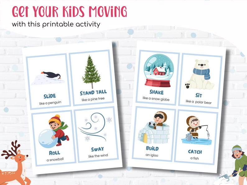 Puede incluir: Tarjetas de actividades imprimibles con ilustraciones de tem&aacute;tica invernal. Las tarjetas incluyen im&aacute;genes de un ping&uuml;ino desliz&aacute;ndose, un pino de pie, un globo de nieve agitado y un oso polar sentado. Otras tarjetas muestran a un ni&ntilde;o rodando una bola de nieve, viento balance&aacute;ndose, construyendo un igl&uacute; y pescando.