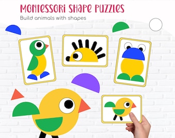 Rompecabezas Montessori imprimible con formas de animales | Rompecabezas STEM con bloques de patrones de animales de Tangram para niños pequeños, preescolares y educación en casa
