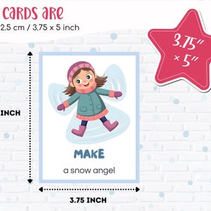 Puede incluir: Tarjeta con una ilustraci&oacute;n de dibujos animados de un ni&ntilde;o haciendo un &aacute;ngel de nieve. La tarjeta mide 9,5 x 12,5 cm. El texto "MAKE a snow angel" est&aacute; debajo. Un gr&aacute;fico en forma de estrella rosa muestra las dimensiones.