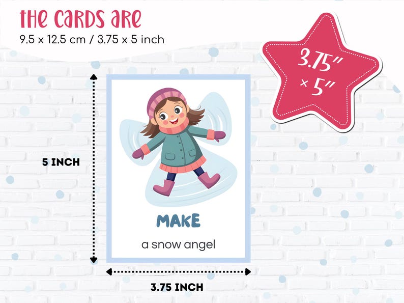 Puede incluir: Tarjeta con una ilustraci&oacute;n de dibujos animados de un ni&ntilde;o haciendo un &aacute;ngel de nieve. La tarjeta mide 9,5 x 12,5 cm. El texto "MAKE a snow angel" est&aacute; debajo. Un gr&aacute;fico en forma de estrella rosa muestra las dimensiones.