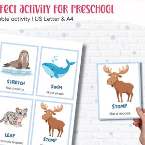 Puede incluir: Actividad preescolar imprimible con ilustraciones de animales. Incluye tarjetas con una morsa, una ballena, un leopardo de las nieves y un alce. Cada tarjeta tiene una palabra de acci&oacute;n y un nombre de animal, como "Estirar como una morsa."