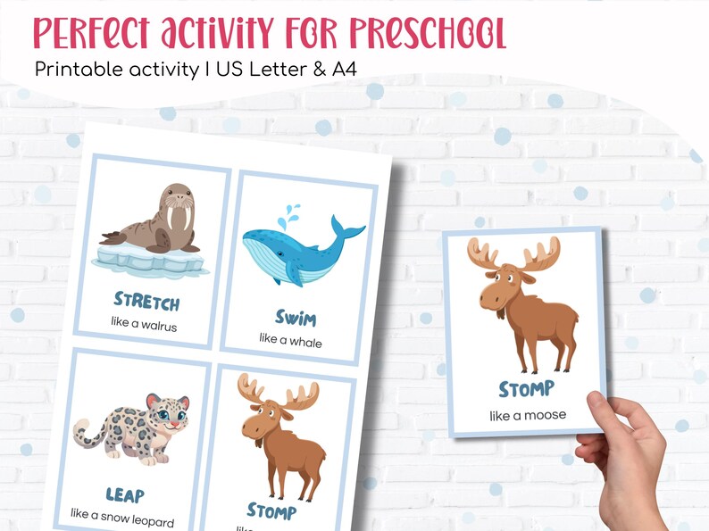 Puede incluir: Actividad preescolar imprimible con ilustraciones de animales. Incluye tarjetas con una morsa, una ballena, un leopardo de las nieves y un alce. Cada tarjeta tiene una palabra de acci&oacute;n y un nombre de animal, como "Estirar como una morsa."