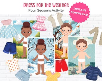 Muñeca de papel imprimible para vestir según el clima: juego de ropa para las cuatro estaciones para preescolar, libro de actividades Montessori