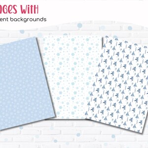 Puede incluir: Tres p&aacute;ginas con diferentes fondos con tem&aacute;tica invernal. Las p&aacute;ginas muestran varios patrones, incluyendo copos de nieve y dise&ntilde;os florales, en tonos azules y blancos. El texto "3 pages WITH different backgrounds" est&aacute; en la parte superior.