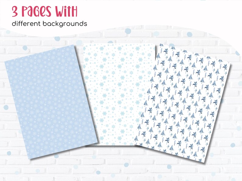 Puede incluir: Tres p&aacute;ginas con diferentes fondos con tem&aacute;tica invernal. Las p&aacute;ginas muestran varios patrones, incluyendo copos de nieve y dise&ntilde;os florales, en tonos azules y blancos. El texto "3 pages WITH different backgrounds" est&aacute; en la parte superior.