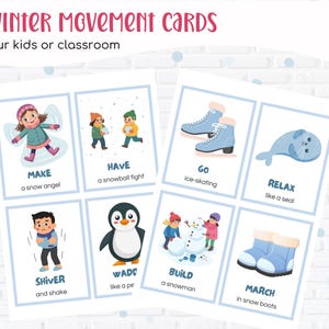 Puede incluir: Juego de 32 tarjetas de movimiento de invierno para ni&ntilde;os o aulas. Cada tarjeta presenta una ilustraci&oacute;n de actividad de invierno con una palabra de acci&oacute;n correspondiente. Las actividades incluyen hacer un &aacute;ngel de nieve, patinar y construir un mu&ntilde;eco de nieve.