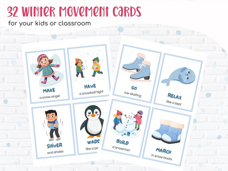 Puede incluir: Juego de 32 tarjetas de movimiento de invierno para ni&ntilde;os o aulas. Cada tarjeta presenta una ilustraci&oacute;n de actividad de invierno con una palabra de acci&oacute;n correspondiente. Las actividades incluyen hacer un &aacute;ngel de nieve, patinar y construir un mu&ntilde;eco de nieve.