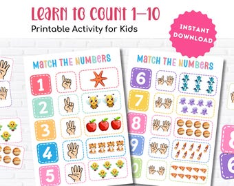 Hojas de trabajo imprimibles de conteo del 1 al 10 para preescolar | Actividad de emparejamiento de números | Juego de matemáticas Montessori para educación en casa y jardín de infancia