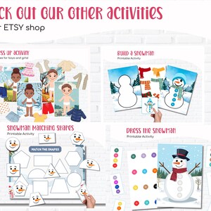 Puede incluir: Imagen que muestra hojas de actividades imprimibles para ni&ntilde;os. Incluye una "Actividad de vestir" con recortes de ropa, una actividad de "Construir un mu&ntilde;eco de nieve", un juego de "Emparejar formas de mu&ntilde;eco de nieve" y una actividad de "Vestir al mu&ntilde;eco de nieve". El texto dice "Consulta nuestras otras actividades en nuestra tienda ETSY."