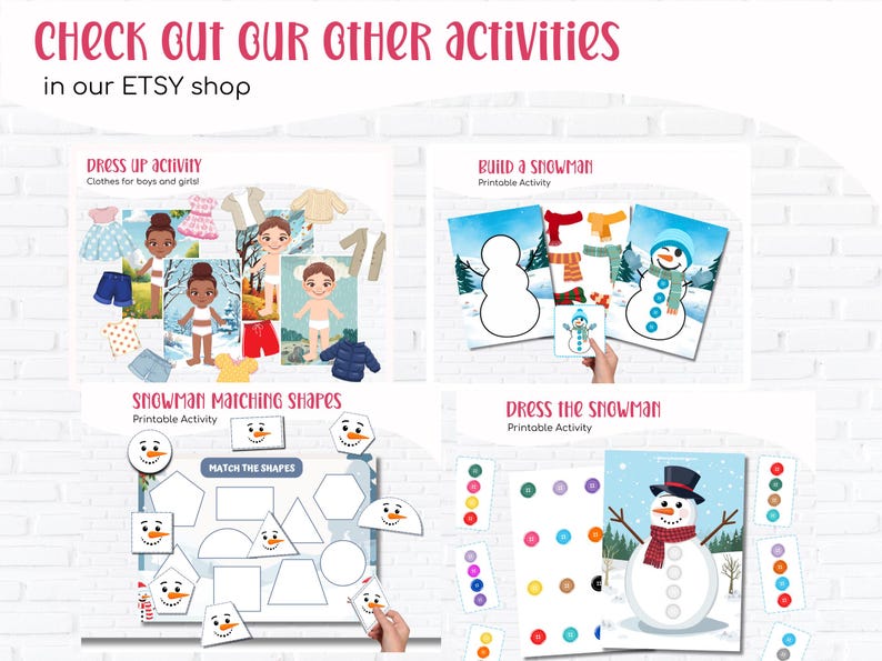 Puede incluir: Imagen que muestra hojas de actividades imprimibles para ni&ntilde;os. Incluye una "Actividad de vestir" con recortes de ropa, una actividad de "Construir un mu&ntilde;eco de nieve", un juego de "Emparejar formas de mu&ntilde;eco de nieve" y una actividad de "Vestir al mu&ntilde;eco de nieve". El texto dice "Consulta nuestras otras actividades en nuestra tienda ETSY."